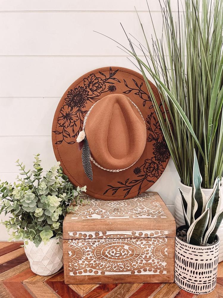 She is a Wildflower Aztec Band Hat, Floral Engraved Cowboy Hat, Sunflower Hat, Sunflower Burned Fedora, Engraved Fedora, Engraved Felt Hat, Boho Hat