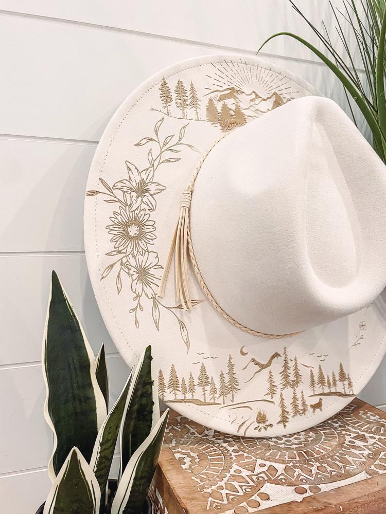 Mountain Floral Burned Hat, Mountain Engraved Cowboy Hat, Sunflower Hat, Mountain Hat, Engraved Suede Hat, Boho Hat, Take Me to the Mountain