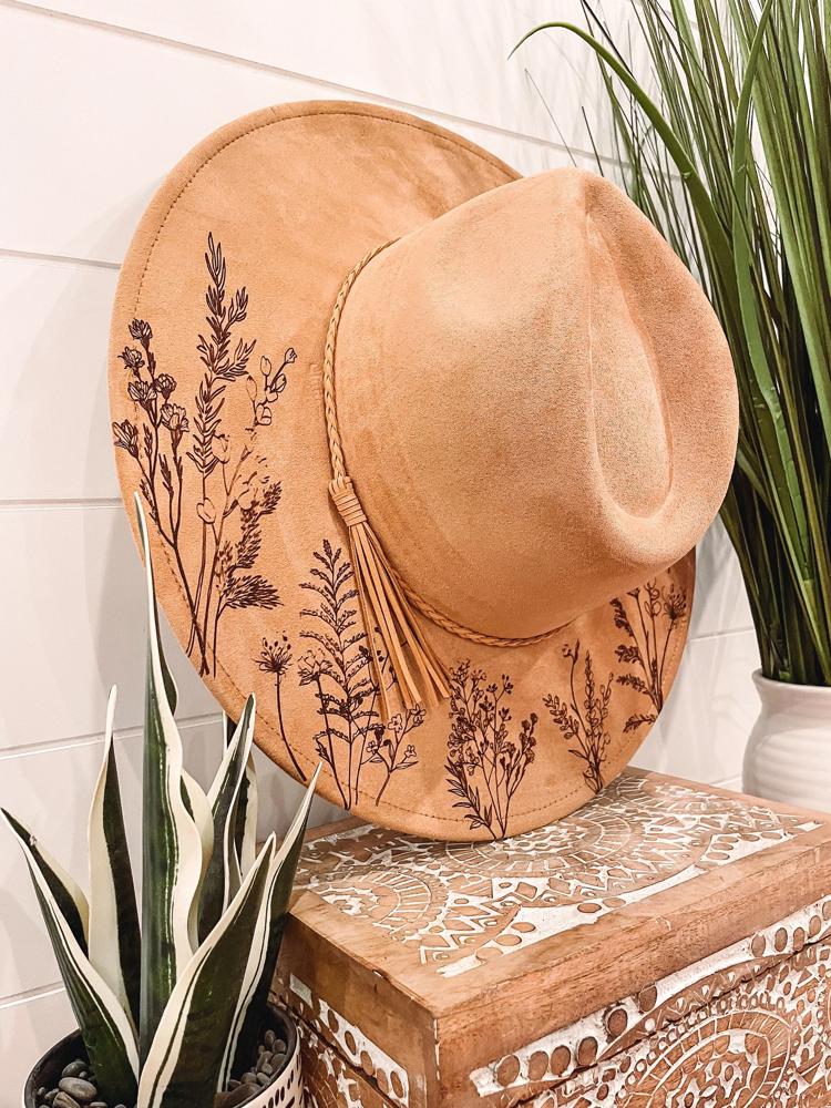 Wildflower Burned Hat, Floral Engraved Cowboy Hat, Sunflower Hat, Sunflower Burned Fedora, Engraved Suede Hat, Boho Hat, Vegan Suede