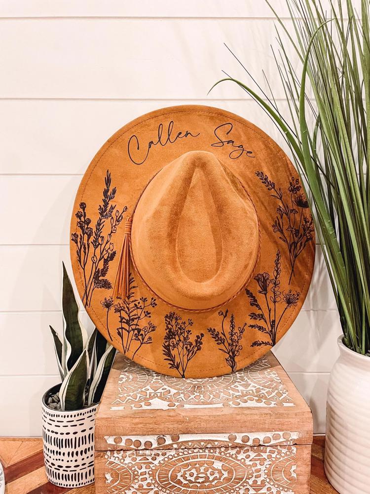 Wildflower Burned Hat, Floral Engraved Cowboy Hat, Sunflower Hat, Sunflower Burned Fedora, Engraved Suede Hat, Boho Hat, Vegan Suede