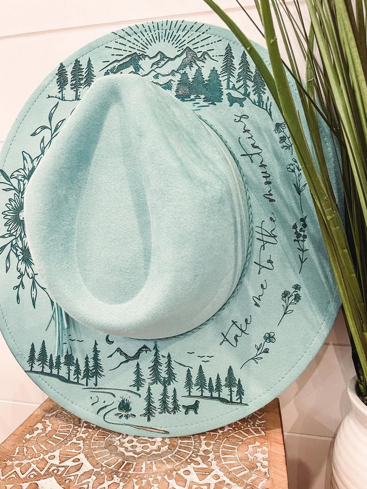 Mountain Floral Burned Hat, Mountain Engraved Cowboy Hat, Sunflower Hat, Mountain Hat, Engraved Suede Hat, Boho Hat, Take Me to the Mountain