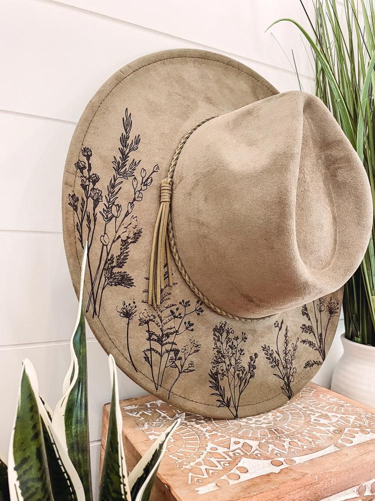 Wildflower Burned Hat, Floral Engraved Cowboy Hat, Sunflower Hat, Sunflower Burned Fedora, Engraved Suede Hat, Boho Hat, Vegan Suede