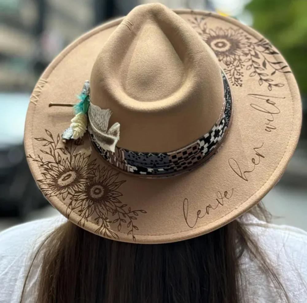 Leave Her Wild Floral Burned Hat, Floral Engraved Cowboy Hat, Sunflower Hat, Sunflower Burned Fedora, Engraved Felt Hat, Boho Hat