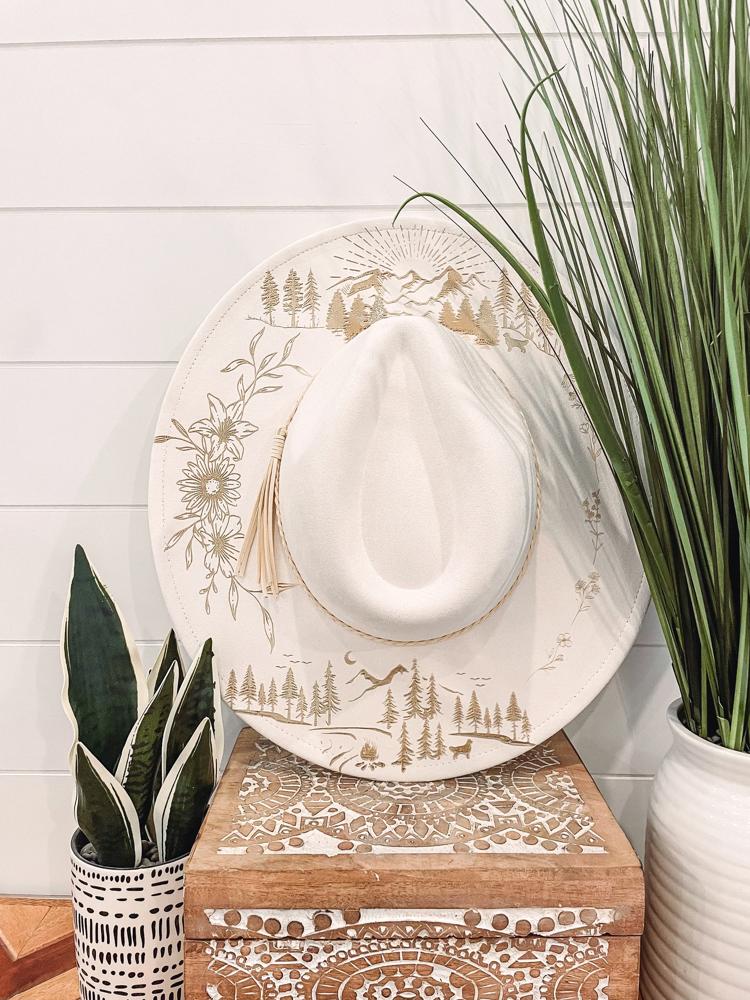 Mountain Floral Burned Hat, Mountain Engraved Cowboy Hat, Sunflower Hat, Mountain Hat, Engraved Suede Hat, Boho Hat, Take Me to the Mountain