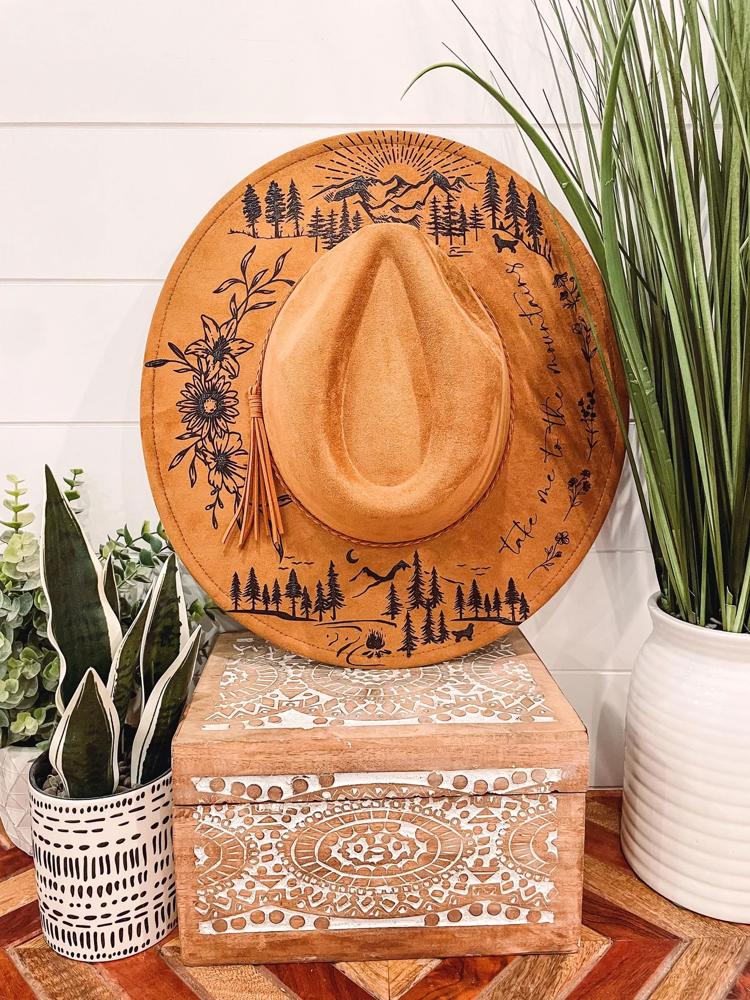 Mountain Floral Burned Hat, Mountain Engraved Cowboy Hat, Sunflower Hat, Mountain Hat, Engraved Suede Hat, Boho Hat, Take Me to the Mountain