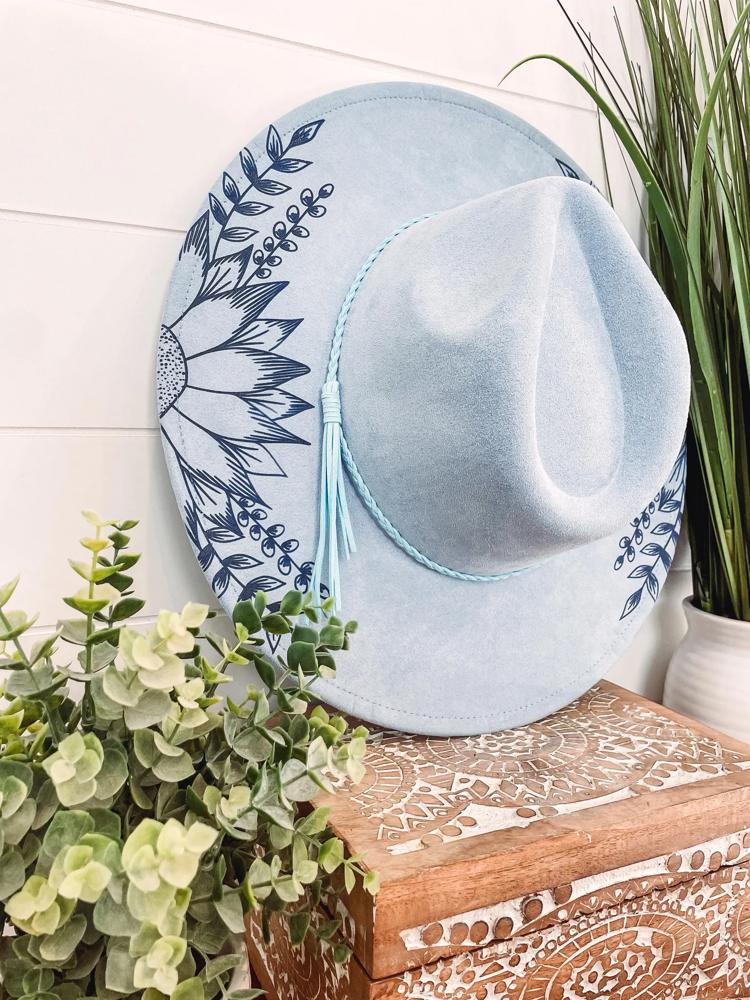 Sunflower Burned Hat, Floral Engraved Cowboy Hat, Sunflower Hat, Sunflower Burned Fedora, Engraved Suede Hat, Boho Hat, Vegan Suede