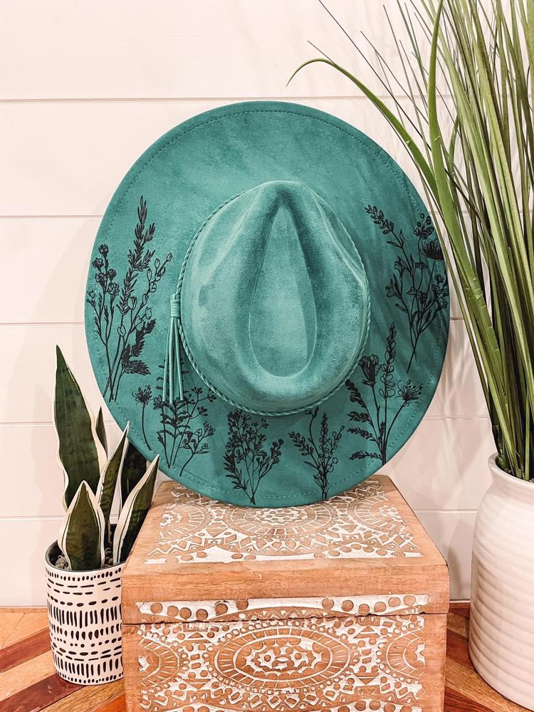 Wildflower Burned Hat, Floral Engraved Cowboy Hat, Sunflower Hat, Sunflower Burned Fedora, Engraved Suede Hat, Boho Hat, Vegan Suede