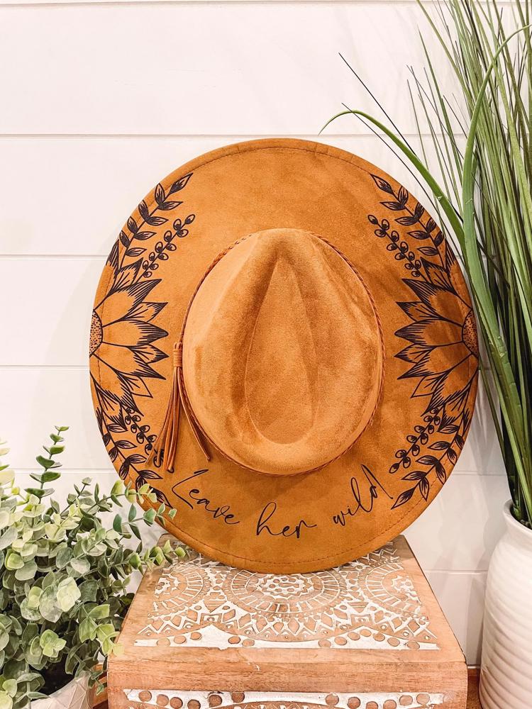 Sunflower Burned Hat, Floral Engraved Cowboy Hat, Sunflower Hat, Sunflower Burned Fedora, Engraved Suede Hat, Boho Hat, Vegan Suede