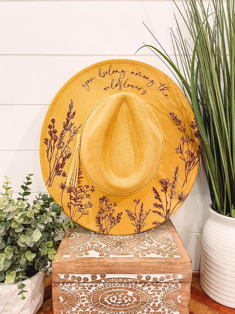 Wildflower Burned Hat, Floral Engraved Cowboy Hat, Sunflower Hat, Sunflower Burned Fedora, Engraved Suede Hat, Boho Hat, Vegan Suede