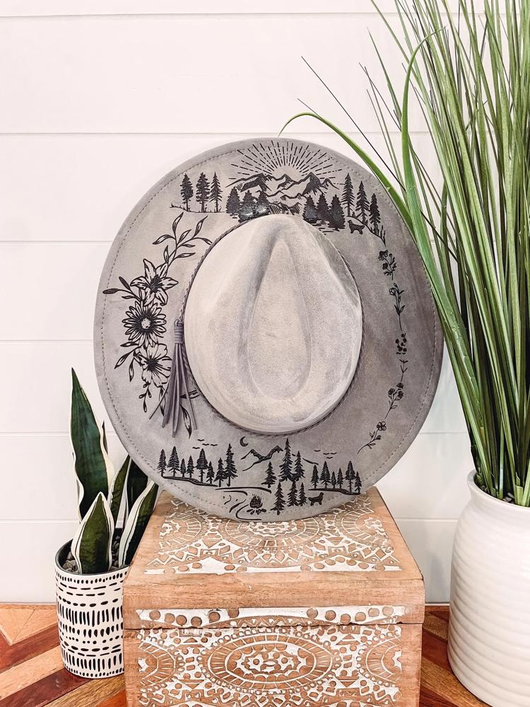 Mountain Floral Burned Hat, Mountain Engraved Cowboy Hat, Sunflower Hat, Mountain Hat, Engraved Suede Hat, Boho Hat, Take Me to the Mountain