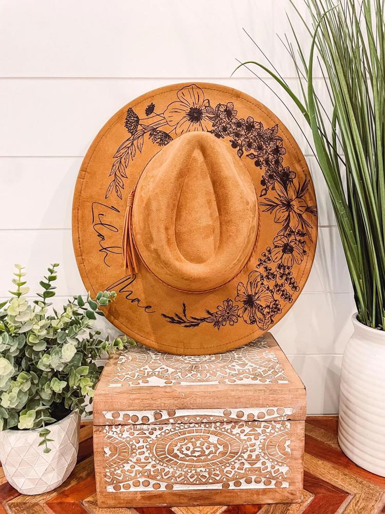 Floral Burned Hat, Floral Engraved Cowboy Hat, Sunflower Hat, Sunflower Burned Fedora, Engraved Suede Hat, Boho Hat, Vegan Suede