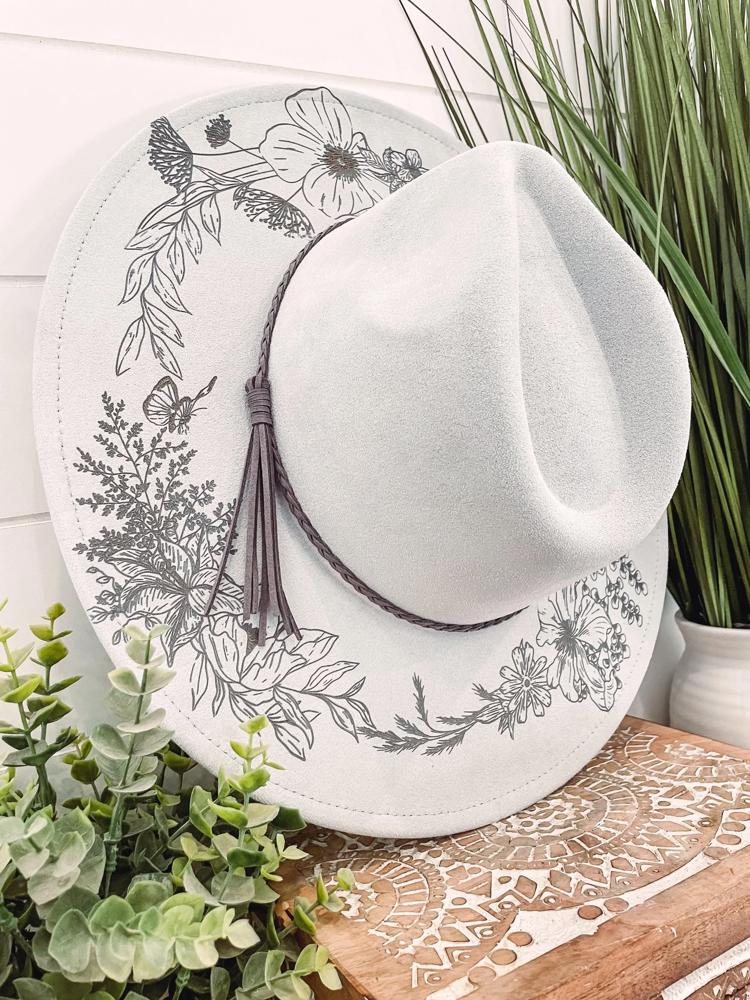 Floral Butterfly Burned Hat, Floral Engraved Cowboy Hat, Sunflower Hat, Sunflower Burned Fedora, Engraved Suede Hat, Boho Hat, Vegan Suede