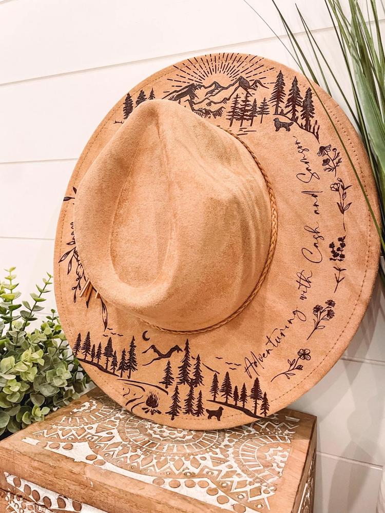 Mountain Floral Burned Hat, Mountain Engraved Cowboy Hat, Sunflower Hat, Mountain Hat, Engraved Suede Hat, Boho Hat, Take Me to the Mountain