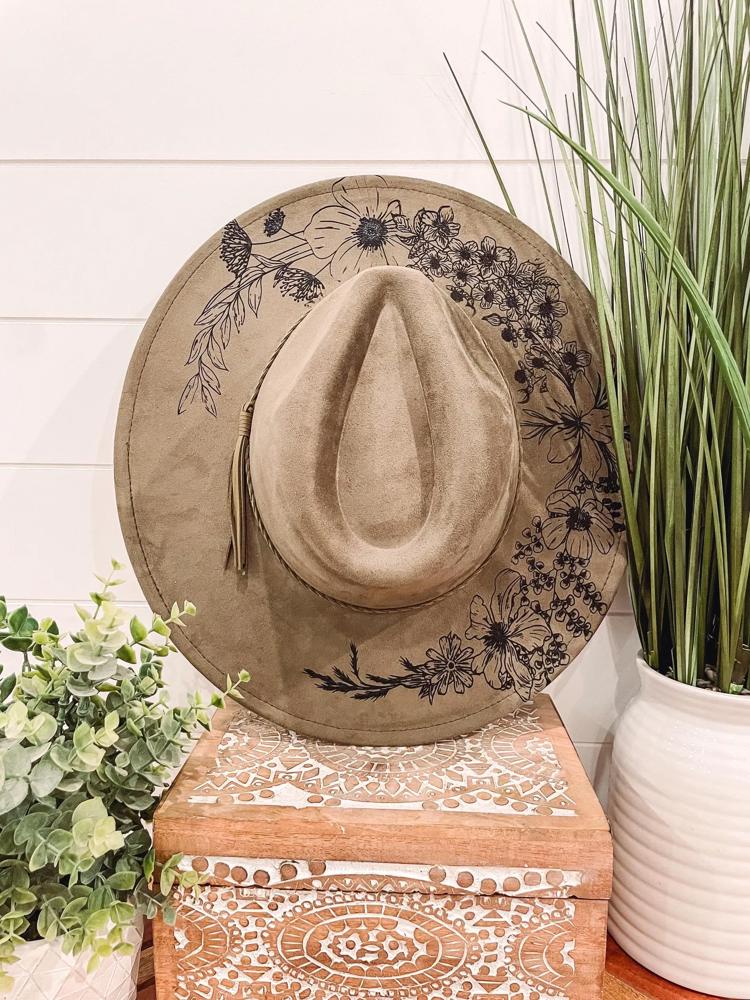 Floral Burned Hat, Floral Engraved Cowboy Hat, Sunflower Hat, Sunflower Burned Fedora, Engraved Suede Hat, Boho Hat, Vegan Suede