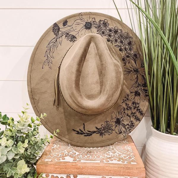 Floral Burned Hat, Floral Engraved Cowboy Hat, Sunflower Hat, Sunflower Burned Fedora, Engraved Suede Hat, Boho Hat, Vegan Suede