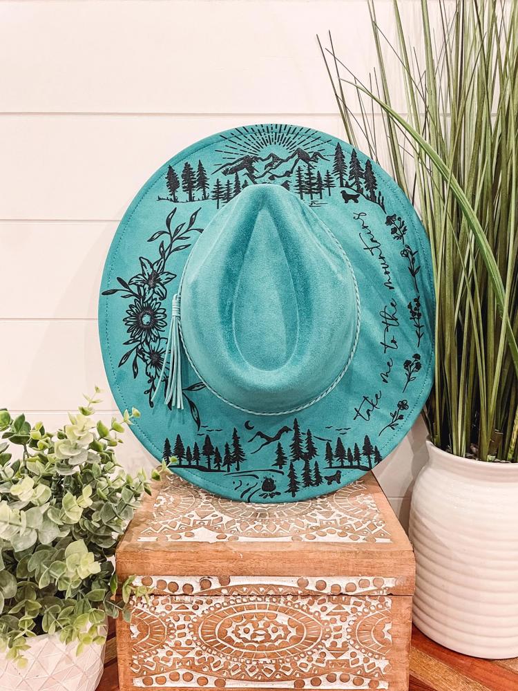 Mountain Floral Burned Hat, Mountain Engraved Cowboy Hat, Sunflower Hat, Mountain Hat, Engraved Suede Hat, Boho Hat, Take Me to the Mountain