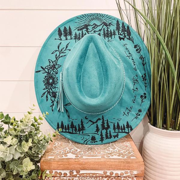 Mountain Floral Burned Hat, Mountain Engraved Cowboy Hat, Sunflower Hat, Mountain Hat, Engraved Suede Hat, Boho Hat, Take Me to the Mountain