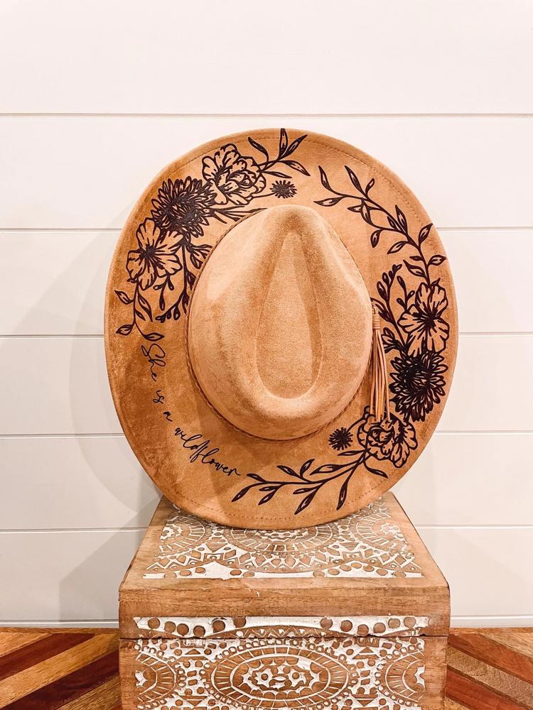 Floral Burned Cowboy Hat, Floral Engraved Cowboy Hat, Sunflower Hat, Sunflower Burned Fedora, Engraved Suede Hat, Boho Hat, Vegan Suede