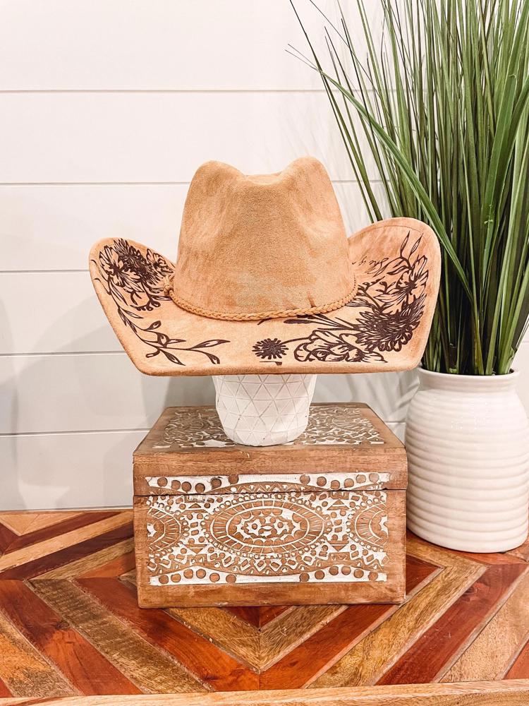 Floral Burned Cowboy Hat, Floral Engraved Cowboy Hat, Sunflower Hat, Sunflower Burned Fedora, Engraved Suede Hat, Boho Hat, Vegan Suede