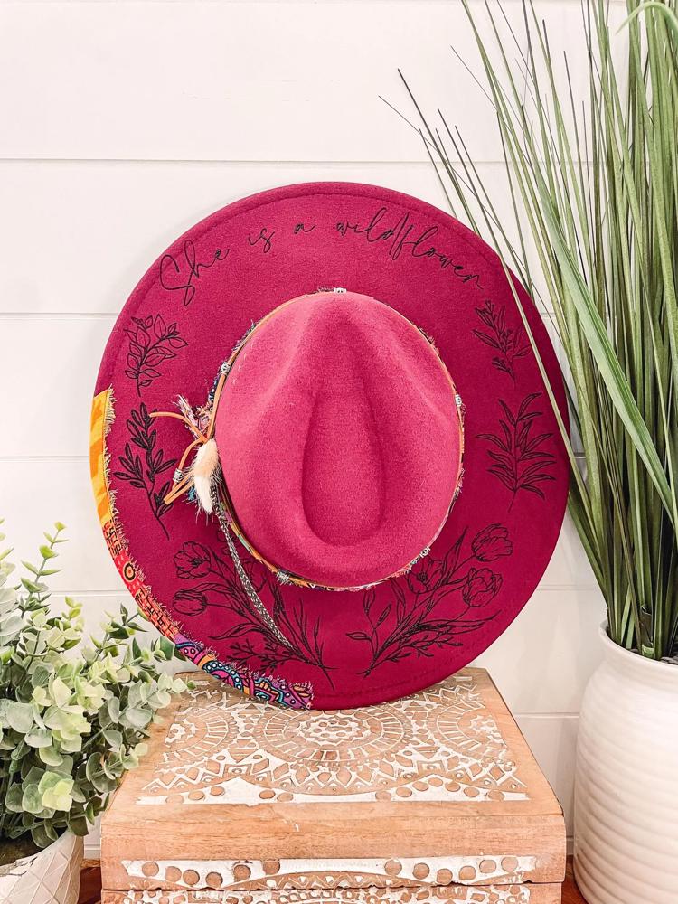 Floral Burned Hat, Floral Engraved Cowboy Hat, Sunflower Hat, Sunflower Burned Fedora, Engraved Fedora, Engraved Felt Hat, Boho Hat