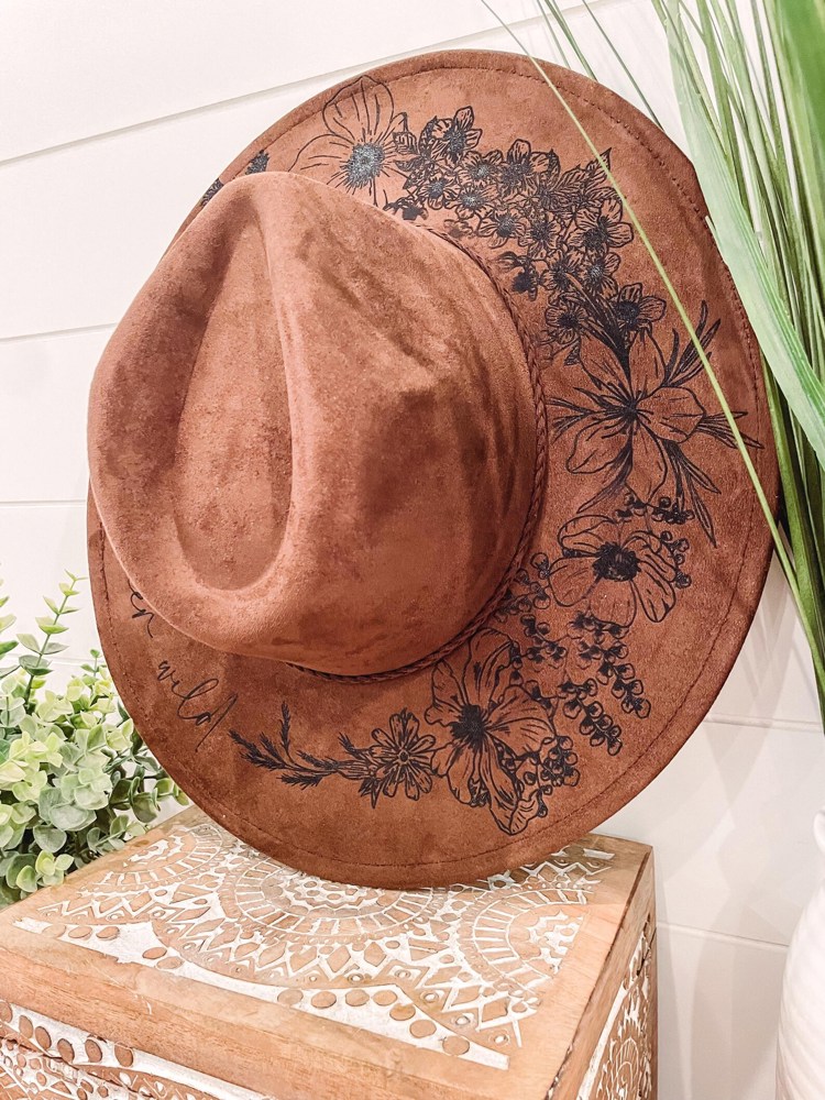 Floral Burned Hat, Floral Engraved Cowboy Hat, Sunflower Hat, Sunflower Burned Fedora, Engraved Suede Hat, Boho Hat, Vegan Suede