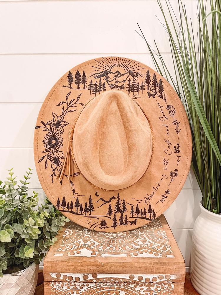 Mountain Floral Burned Hat, Mountain Engraved Cowboy Hat, Sunflower Hat, Mountain Hat, Engraved Suede Hat, Boho Hat, Take Me to the Mountain