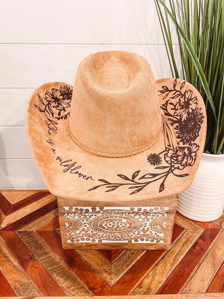 Floral Burned Cowboy Hat, Floral Engraved Cowboy Hat, Sunflower Hat, Sunflower Burned Fedora, Engraved Suede Hat, Boho Hat, Vegan Suede