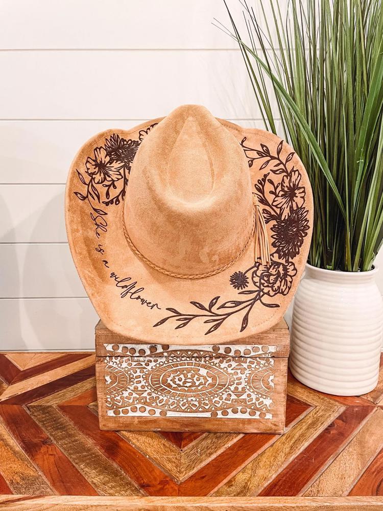 Floral Burned Cowboy Hat, Floral Engraved Cowboy Hat, Sunflower Hat, Sunflower Burned Fedora, Engraved Suede Hat, Boho Hat, Vegan Suede