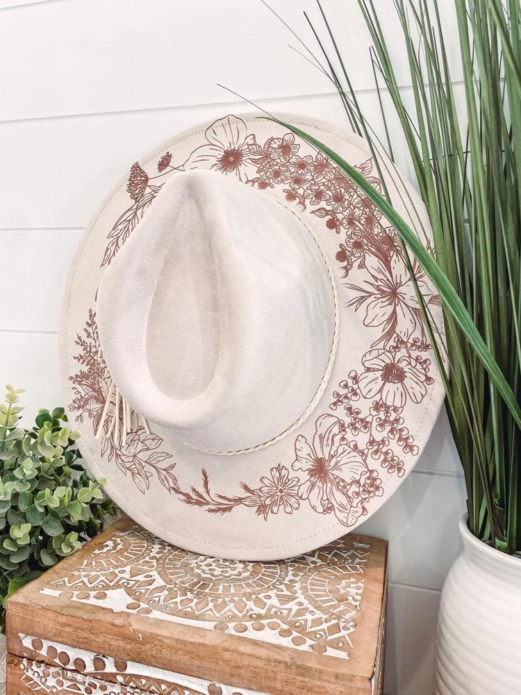 Floral Butterfly Burned Hat, Floral Engraved Cowboy Hat, Sunflower Hat, Sunflower Burned Fedora, Engraved Suede Hat, Boho Hat, Vegan Suede