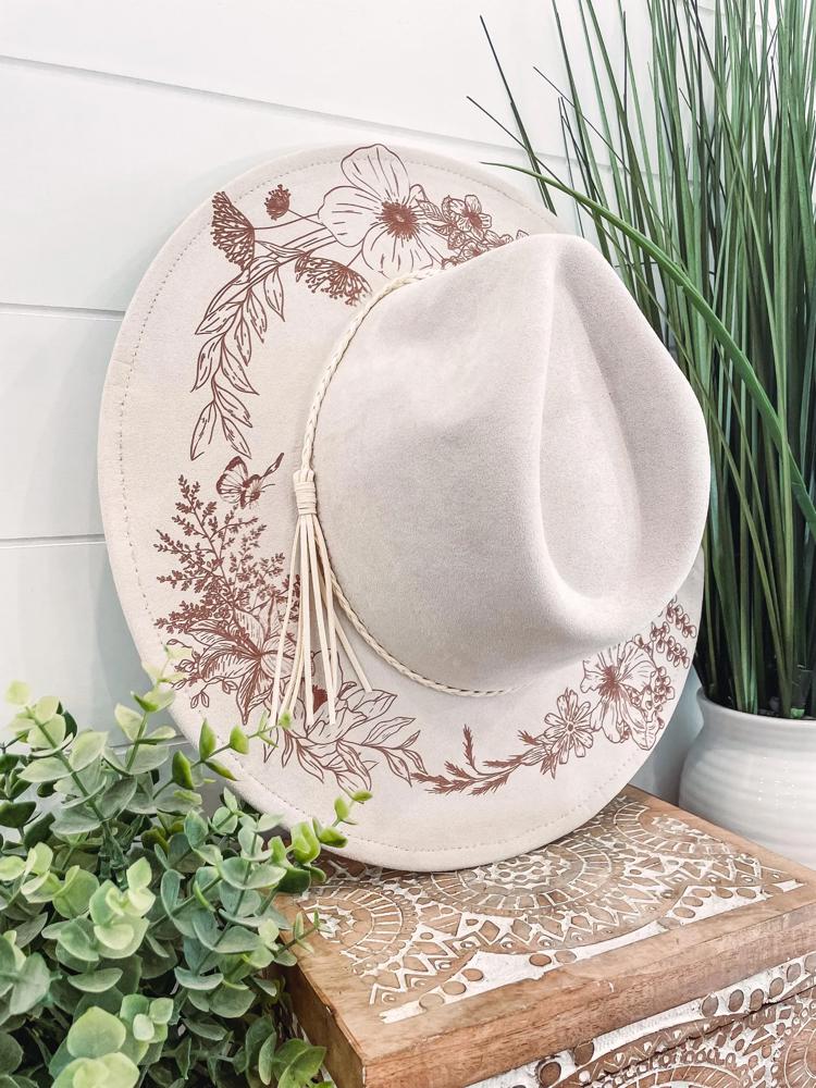 Floral Butterfly Burned Hat, Floral Engraved Cowboy Hat, Sunflower Hat, Sunflower Burned Fedora, Engraved Suede Hat, Boho Hat, Vegan Suede