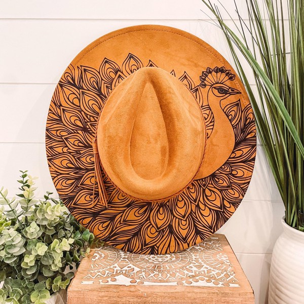 Peacock Burned Hat, Peacock Engraved Cowboy Hat, Peacock Hat, Peacock Burned Fedora, Engraved Suede Hat, Boho Hat, Vegan Suede