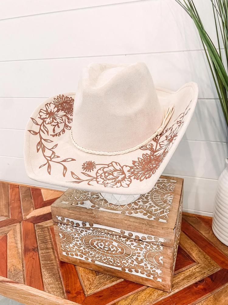 Floral Burned Cowboy Hat, Floral Engraved Cowboy Hat, Sunflower Hat, Sunflower Burned Fedora, Engraved Suede Hat, Boho Hat, Vegan Suede