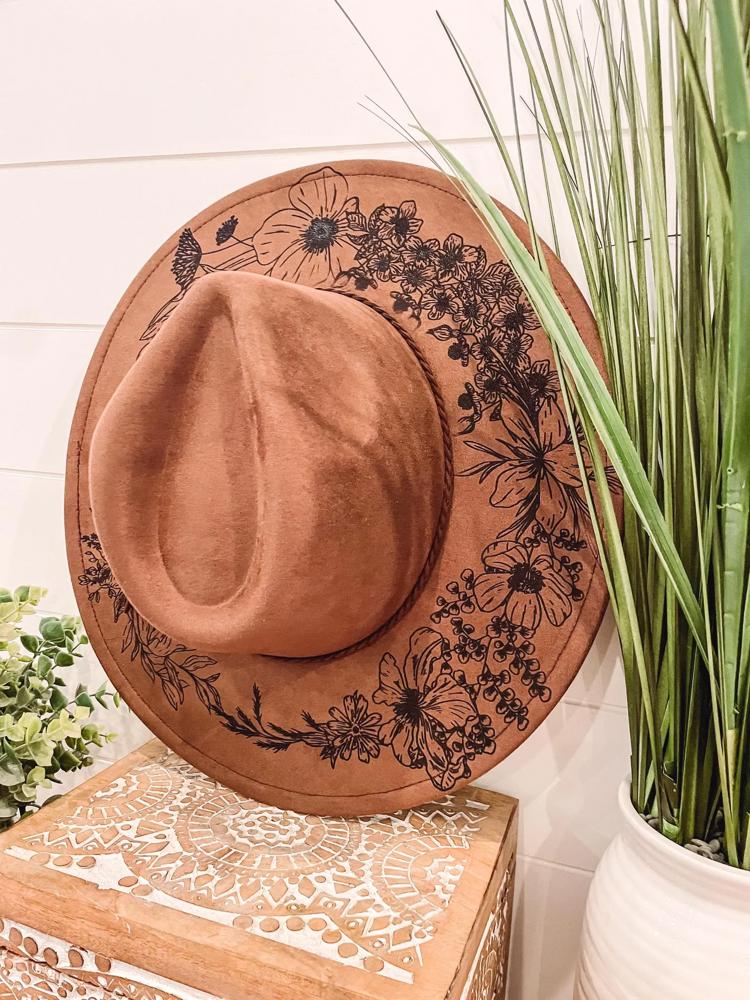 Floral Butterfly Burned Hat, Floral Engraved Cowboy Hat, Sunflower Hat, Sunflower Burned Fedora, Engraved Suede Hat, Boho Hat, Vegan Suede