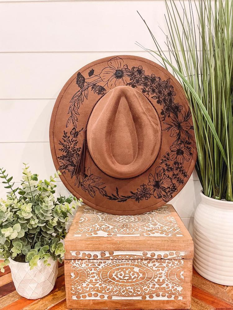 Floral Butterfly Burned Hat, Floral Engraved Cowboy Hat, Sunflower Hat, Sunflower Burned Fedora, Engraved Suede Hat, Boho Hat, Vegan Suede