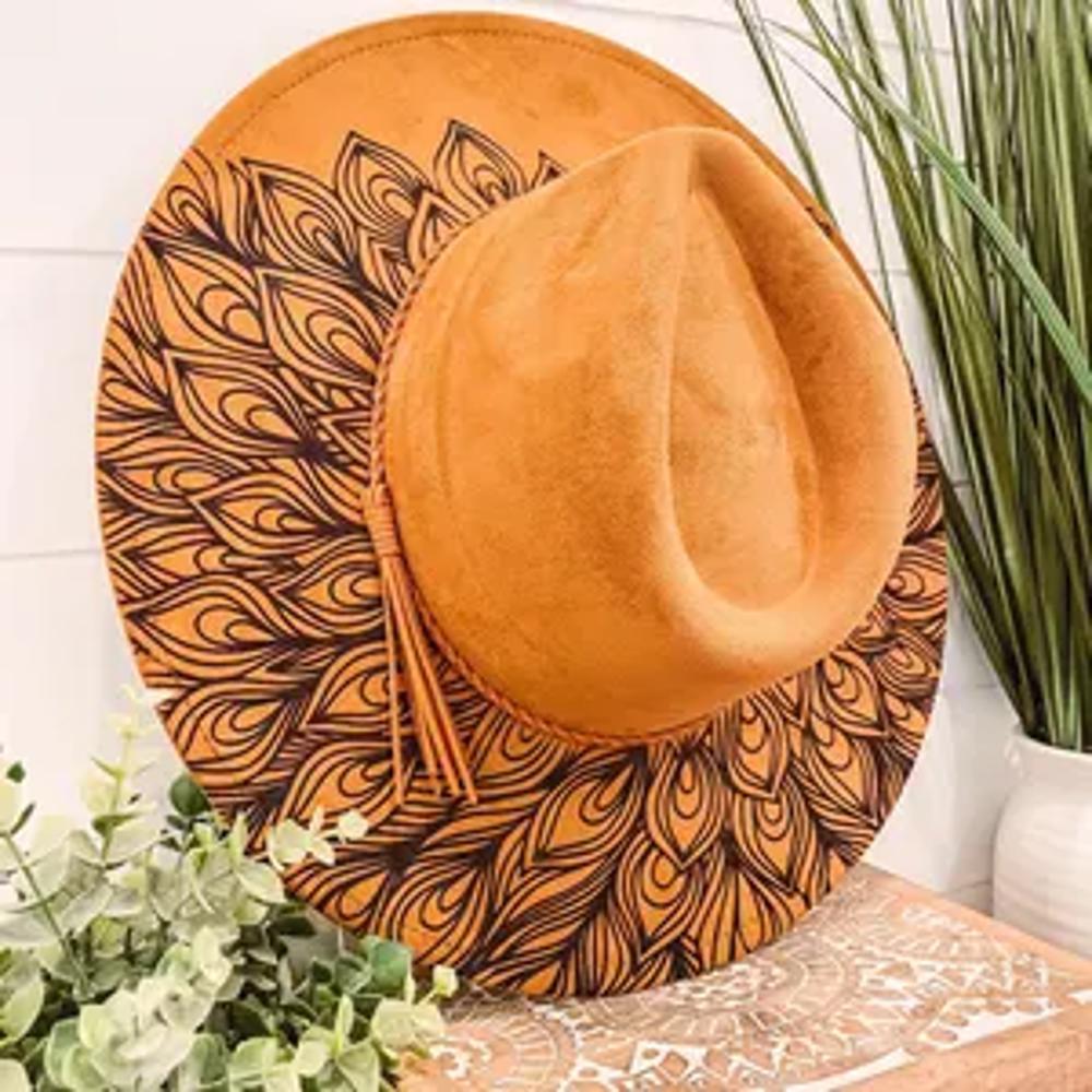 Peacock Burned Hat, Peacock Engraved Cowboy Hat, Peacock Hat, Peacock Burned Fedora, Engraved Suede Hat, Boho Hat, Vegan Suede