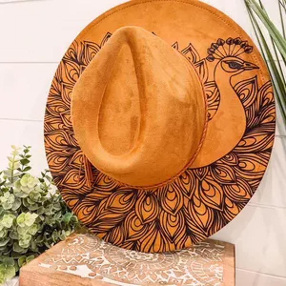 Peacock Burned Hat, Peacock Engraved Cowboy Hat, Peacock Hat, Peacock Burned Fedora, Engraved Suede Hat, Boho Hat, Vegan Suede