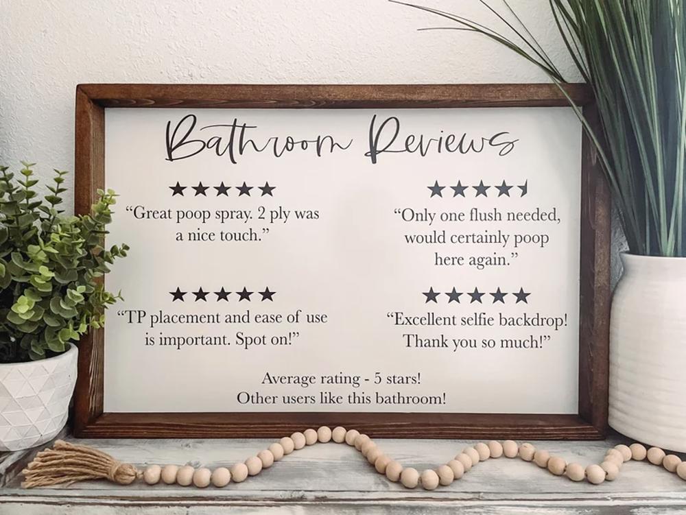 Bathroom Reviews Wooden Sign, Bathroom Decor, Rustic Farmhouse Wooden Sign, Bathroom Word Search, Funny Bathroom Signs, Housewarming Present