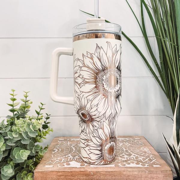 Sunflower Tumbler 40oz, Sunflower Travel Mug, Engraved Tumbler, Engraved Mug, Floral Tumbler, Full Wrap Tumbler, Copper and Cream Cup