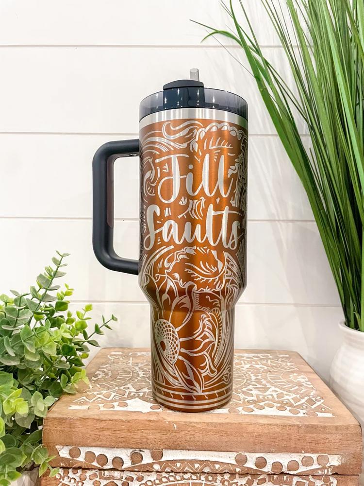 Tooled Leather Western Stanley 40oz Tumbler, Engraved Travel Mug, Engraved Tumbler, Cowgirl Gift, Country Girl Tumbler, Birthday, Nashville Bach