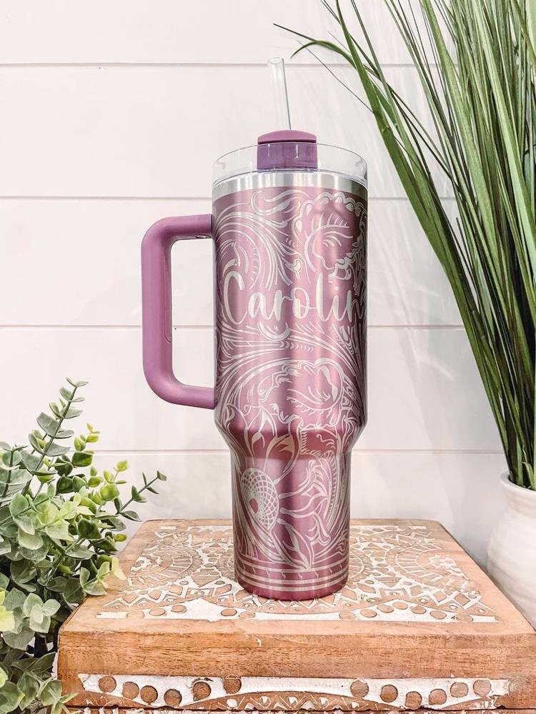 Tooled Leather Western Stanley 40oz Tumbler, Engraved Travel Mug, Engraved Tumbler, Cowgirl Gift, Country Girl Tumbler, Birthday, Nashville Bach