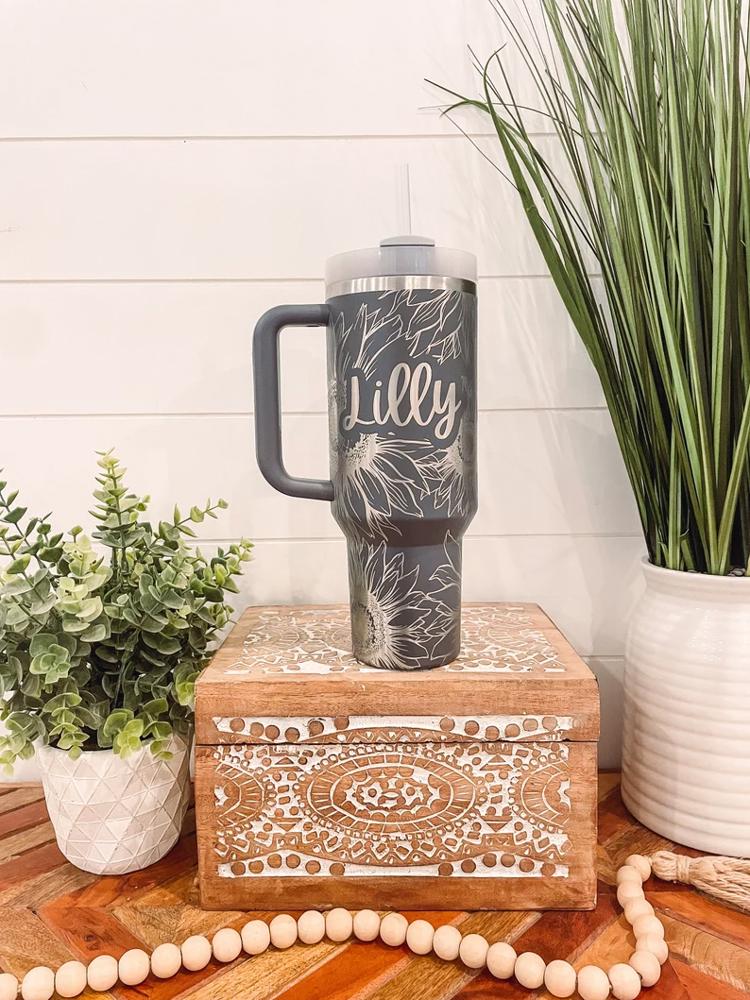 Sunflower Stanley Tumbler 40oz, Travel Mug, Engraved Stanley Tumbler, Floral Engraved Stanley, Full Wrap Cup, Travel Mug with handle, Sunflower Mug