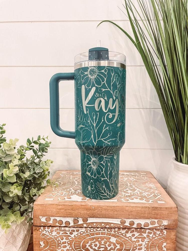 Floral Stanley 40oz Tumbler, Travel Mug, Engraved Tumbler, Floral Engraved Cup, Floral Travel Mug, Full Wrap, Travel Mug with handle, Butterfly Cup