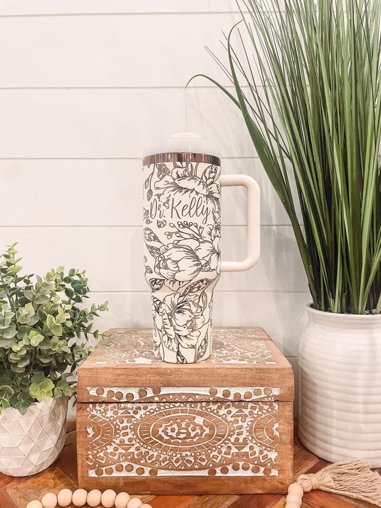 Peony Tumbler 40oz, Peony Travel Mug, Engraved Tumbler, Engraved Mug, Floral Tumbler, Full Wrap Tumbler, Copper and Cream Cup, Peony Flower