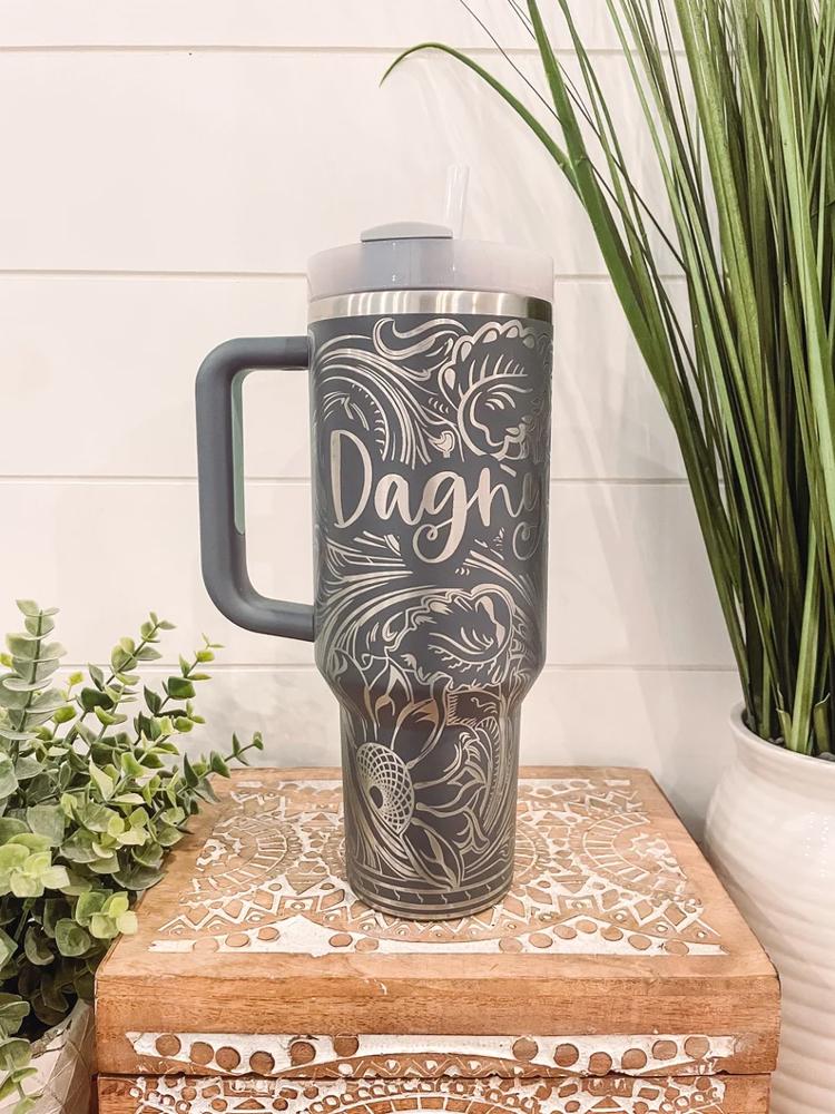 Tooled Leather Western Stanley 40oz Tumbler, Engraved Travel Mug, Engraved Tumbler, Cowgirl Gift, Country Girl Tumbler, Birthday, Nashville Bach