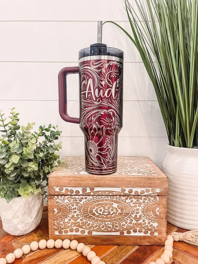 Tooled Leather Western Stanley 40oz Tumbler, Engraved Travel Mug, Engraved Tumbler, Cowgirl Gift, Country Girl Tumbler, Birthday, Nashville Bach