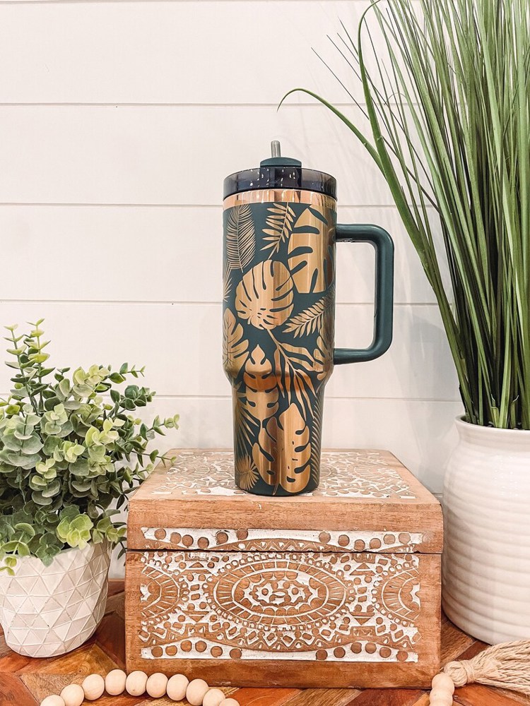 Monstera Leaf Tumbler 40oz, Tropical Plants Travel Mug, Engraved Tumbler, Engraved Mug, Floral Tumbler, Hawaiian Plant Cup