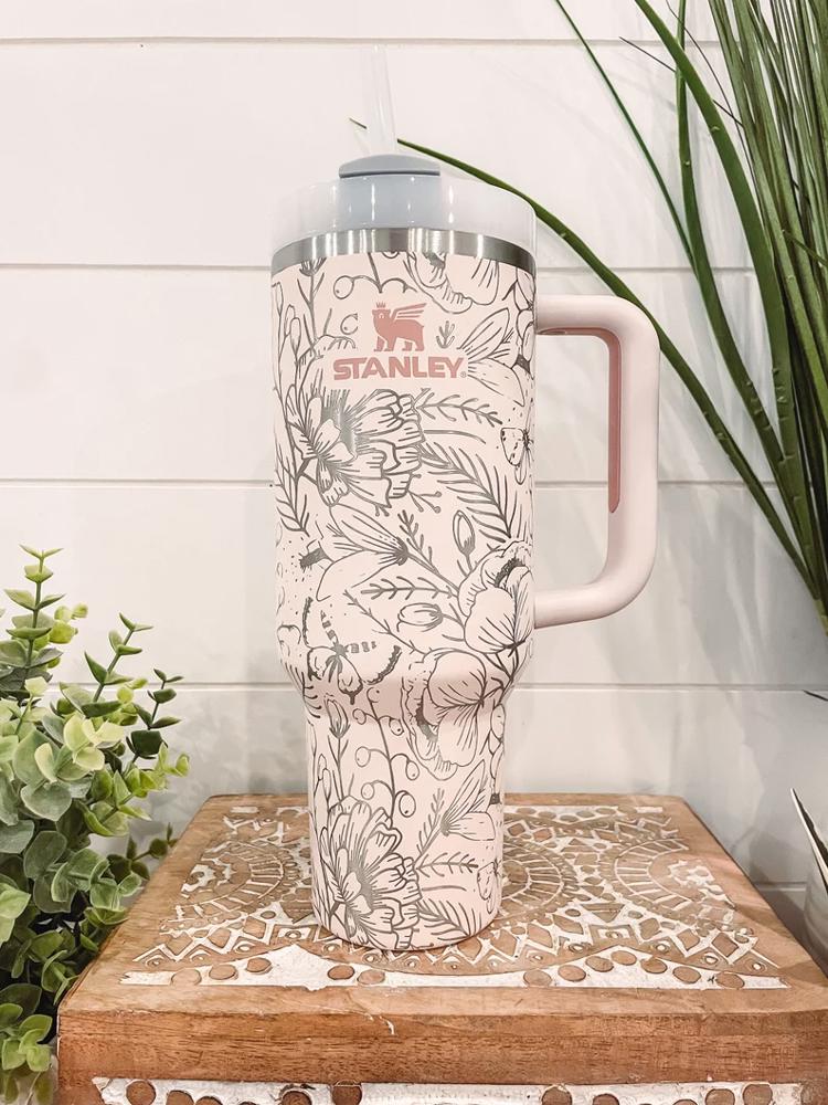 Floral Stanley 40oz Tumbler, Travel Mug, Engraved Tumbler, Floral Engraved Cup, Floral Travel Mug, Full Wrap, Travel Mug with handle, Butterfly Cup