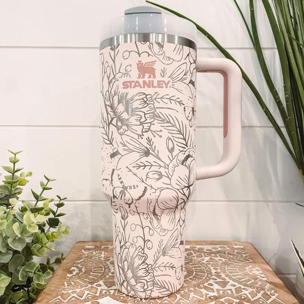 Floral Stanley 40oz Tumbler, Travel Mug, Engraved Tumbler, Floral Engraved Cup, Floral Travel Mug, Full Wrap, Travel Mug with handle, Butterfly Cup