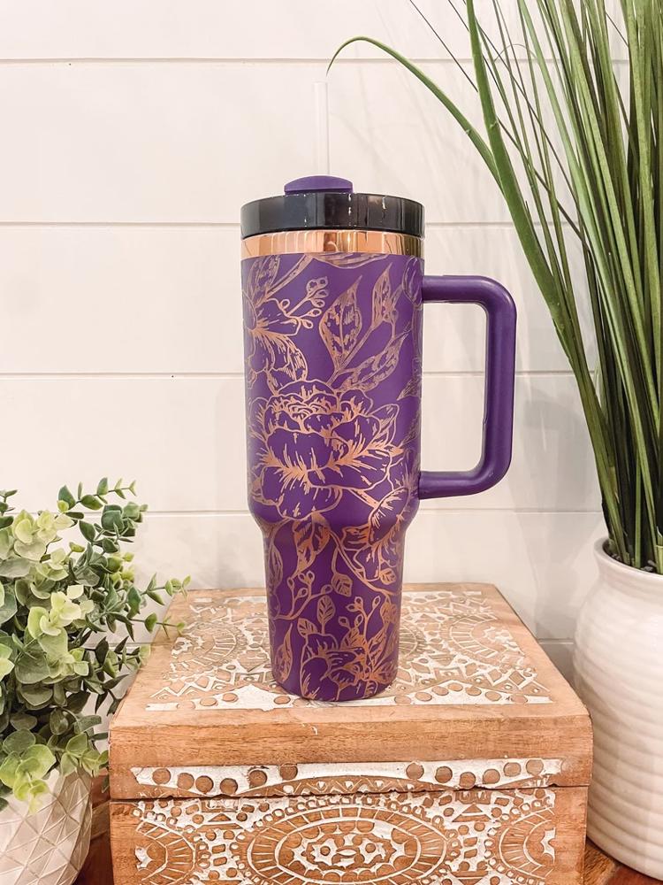 Peony Tumbler 40oz, Peony Travel Mug, Engraved Tumbler, Engraved Mug, Floral Tumbler, Full Wrap Tumbler, Copper and Cream Cup, Peony Flower