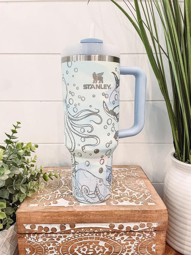 Sea Life Stanley Tumbler 40oz, Stanley Travel Mug, Engraved Tumbler, Engraved Ocean Tumbler, Sea Turtle Mug, Octopus Travel Mug with handle, Beach Cup